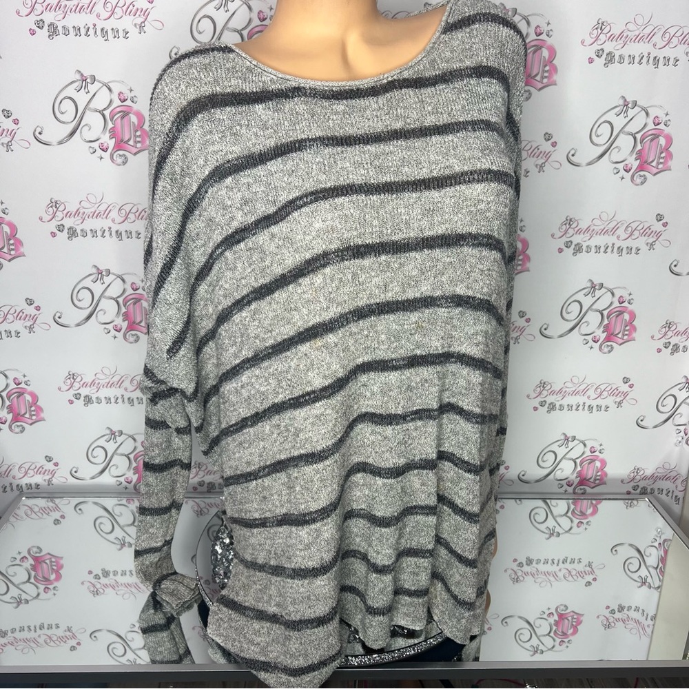 Free people sweater top knitted striped grey black oversized comfy pull over